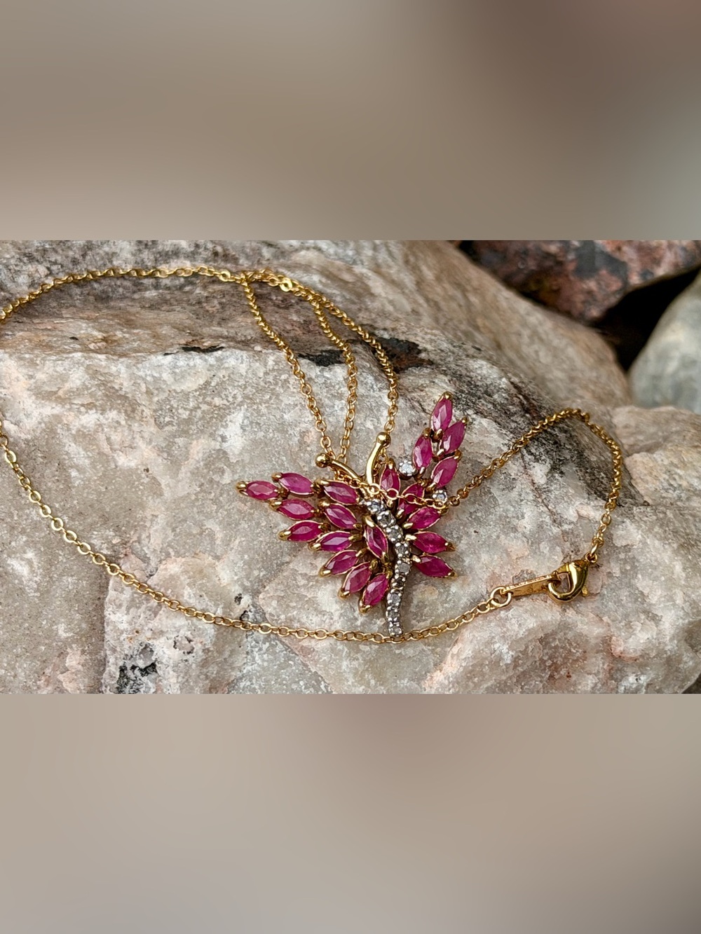 ❤️ 3 CTW Ruby & Diamond Butterfly Necklace 18K Gold Plated 18”